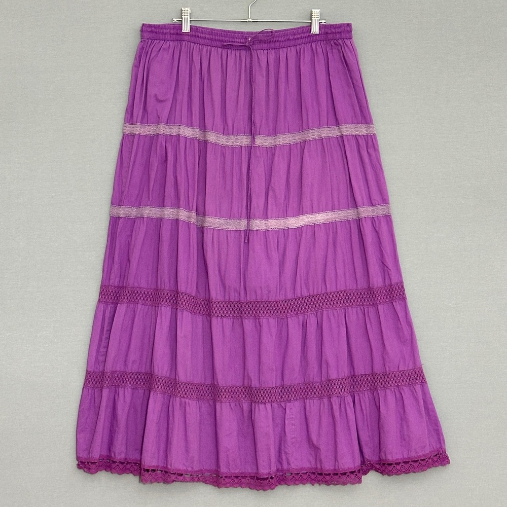 VTG ICI Womes Skirt 1X Purple Tiered Maxi Lace Trim Boho Peasant Hippie Festival